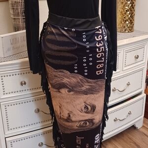 Money Print Pencil Skirt With Fringe